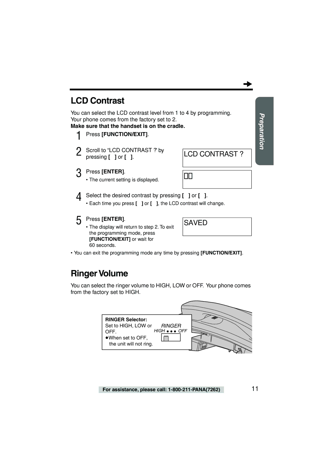 Panasonic KX-TSC11W Ringer Volume, Scroll to LCD Contrast ? by, Select the desired contrast by pressing or 