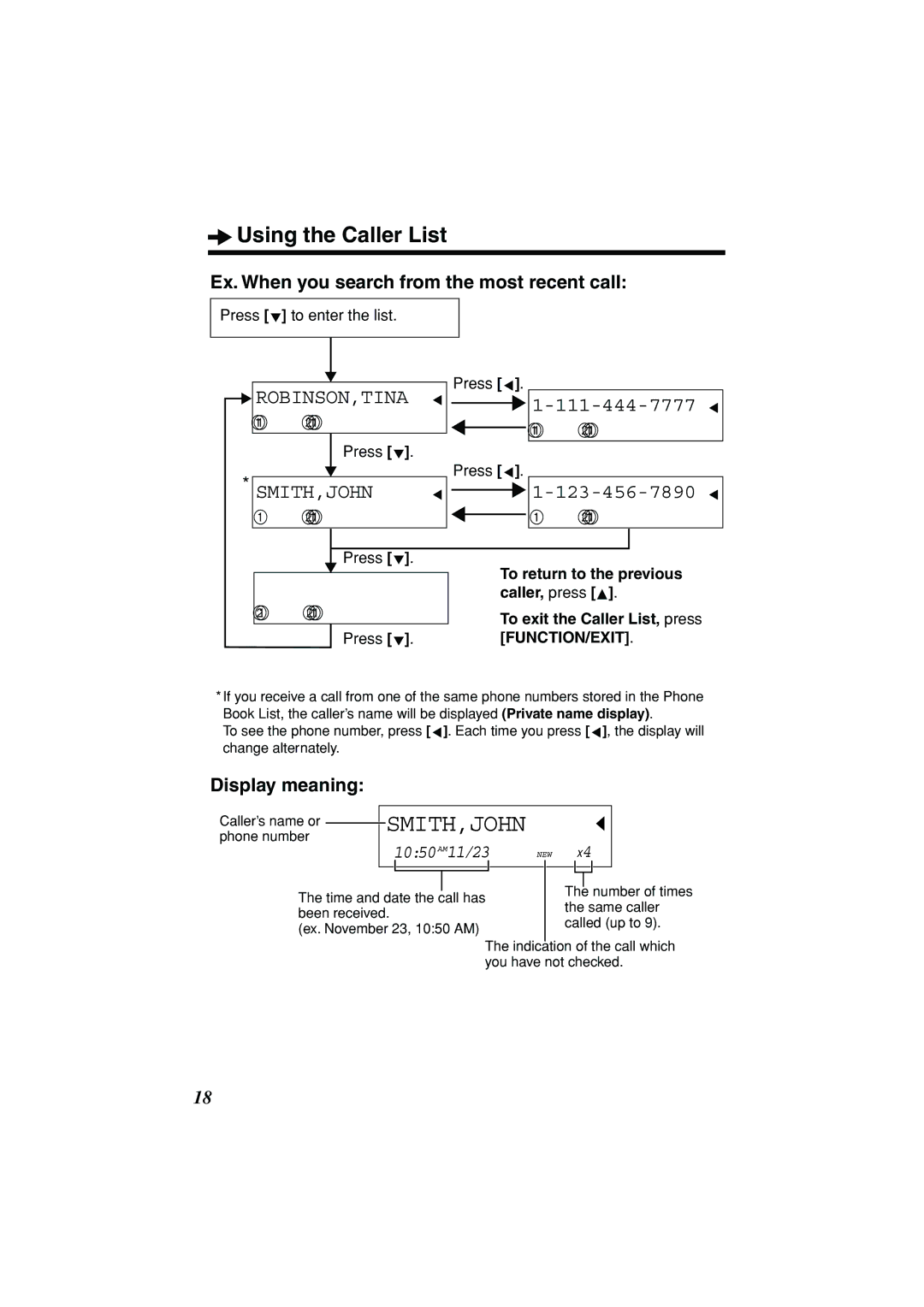 Panasonic KX-TSC11W Using the Caller List, Ex. When you search from the most recent call, Display meaning, Press 