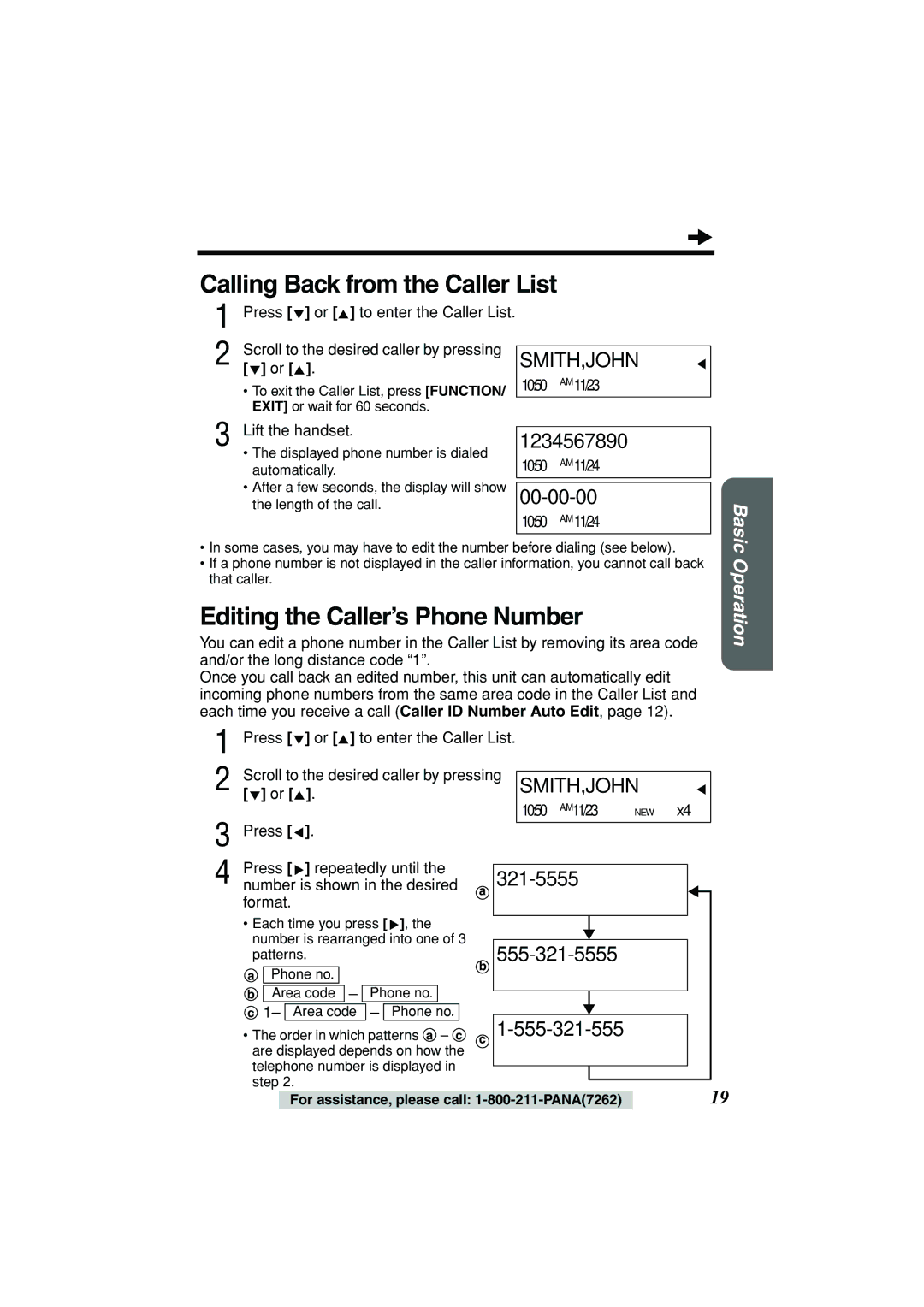 Panasonic KX-TSC11W operating instructions Calling Back from the Caller List, Editing the Caller’s Phone Number 