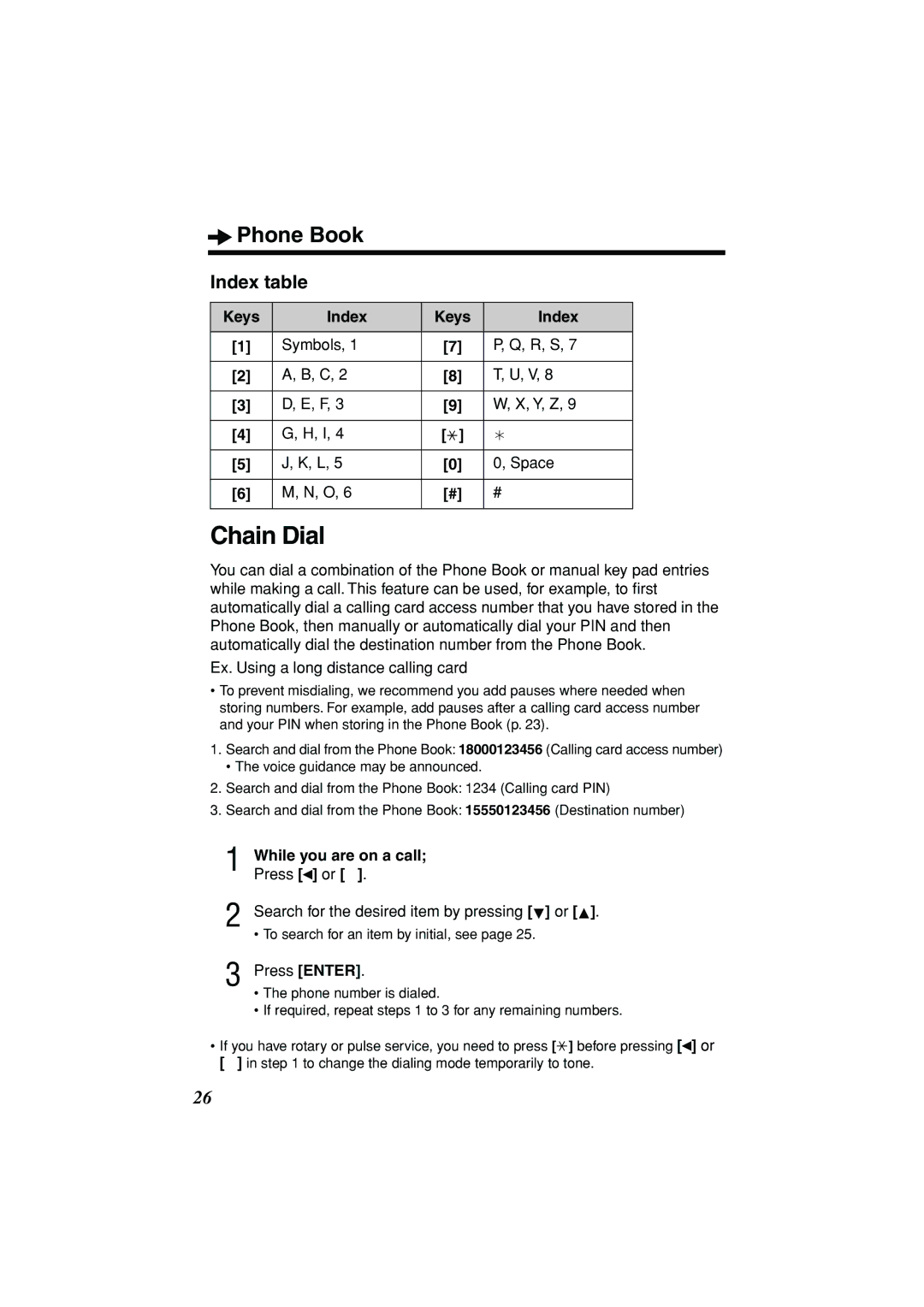 Panasonic KX-TSC11W Chain Dial, Index table, Keys Index Symbols R, S Y, Z Space, While you are on a call 