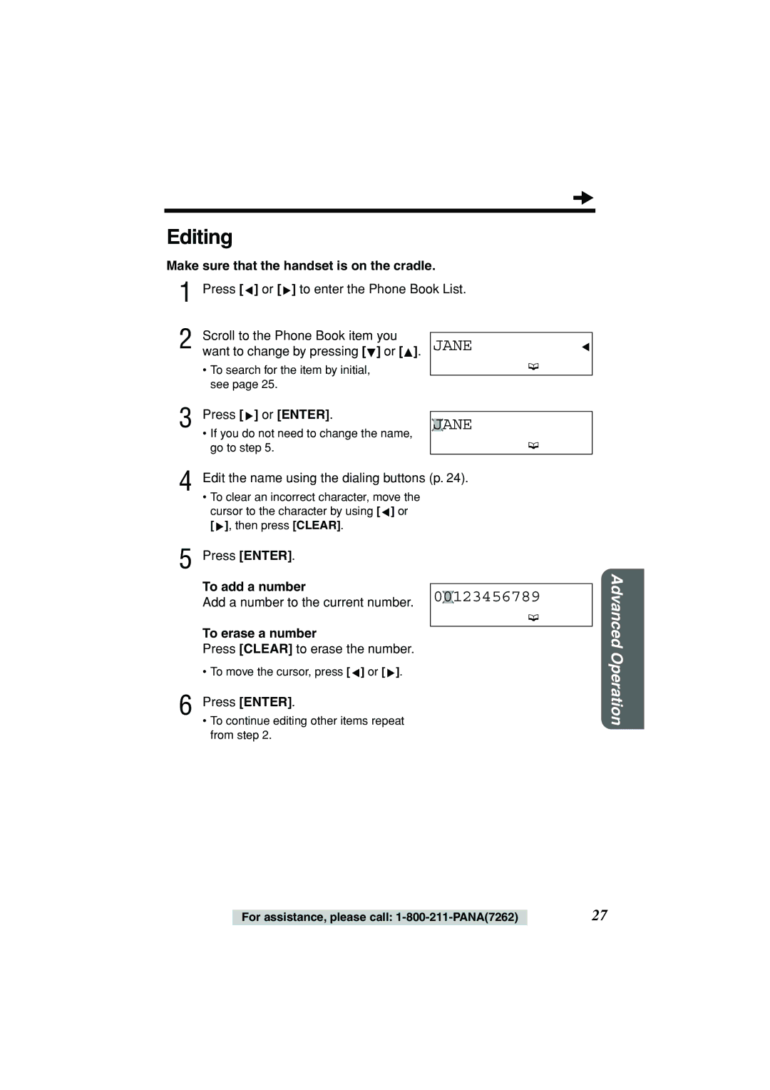 Panasonic KX-TSC11W operating instructions Editing, Jane, Ane, To add a number, To erase a number 