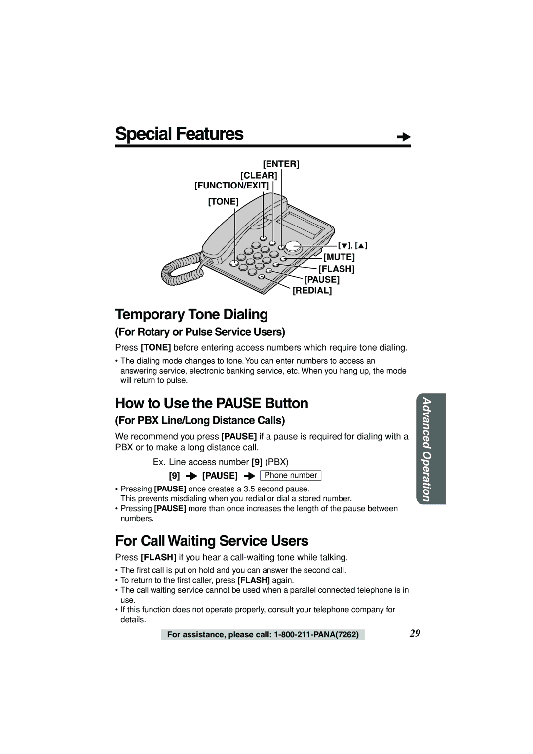 Panasonic KX-TSC11W Special Features, Temporary Tone Dialing, How to Use the Pause Button, For Call Waiting Service Users 