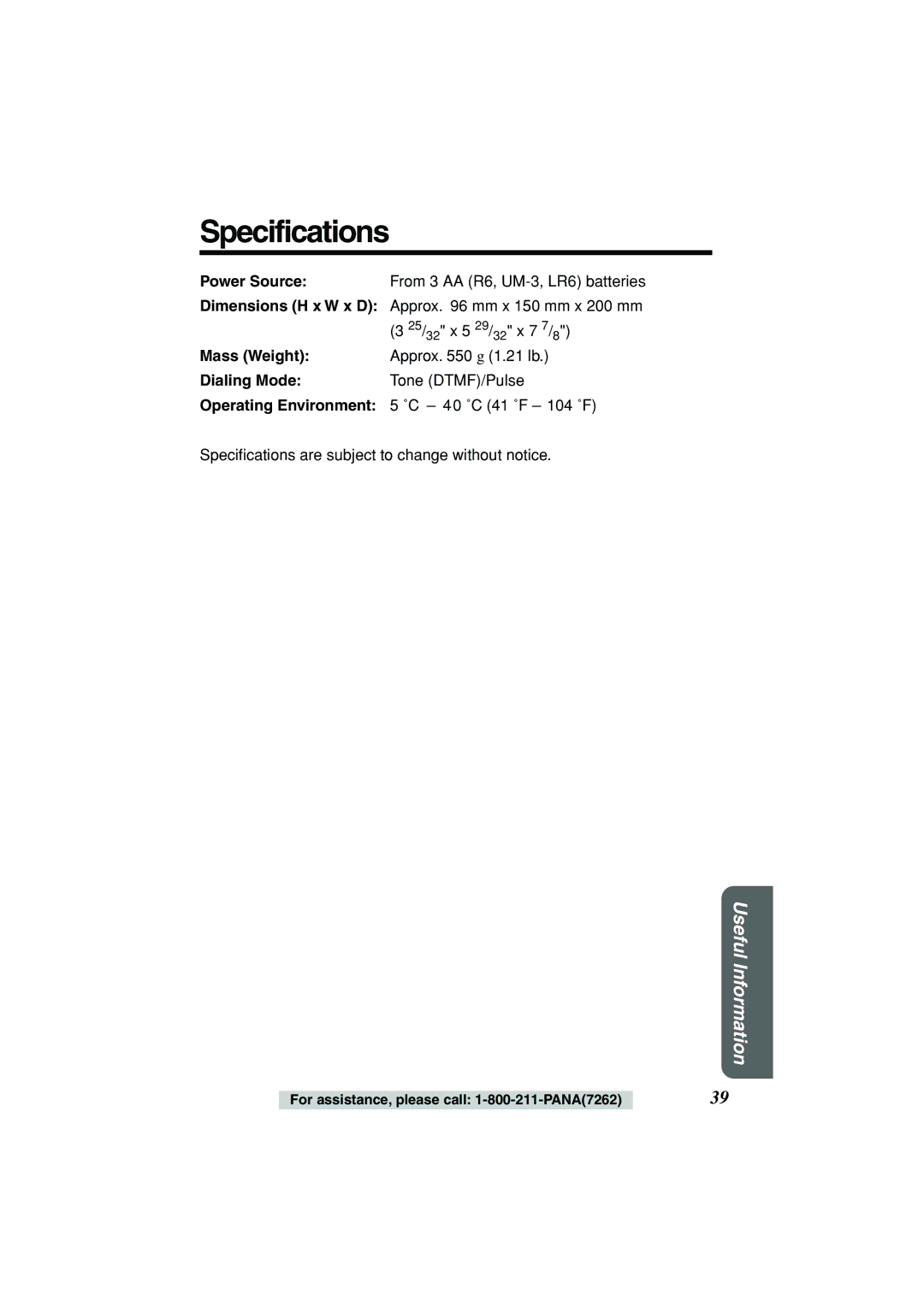 Panasonic KX-TSC11W operating instructions Specifications, Mass Weight, Dialing Mode, Operating Environment 