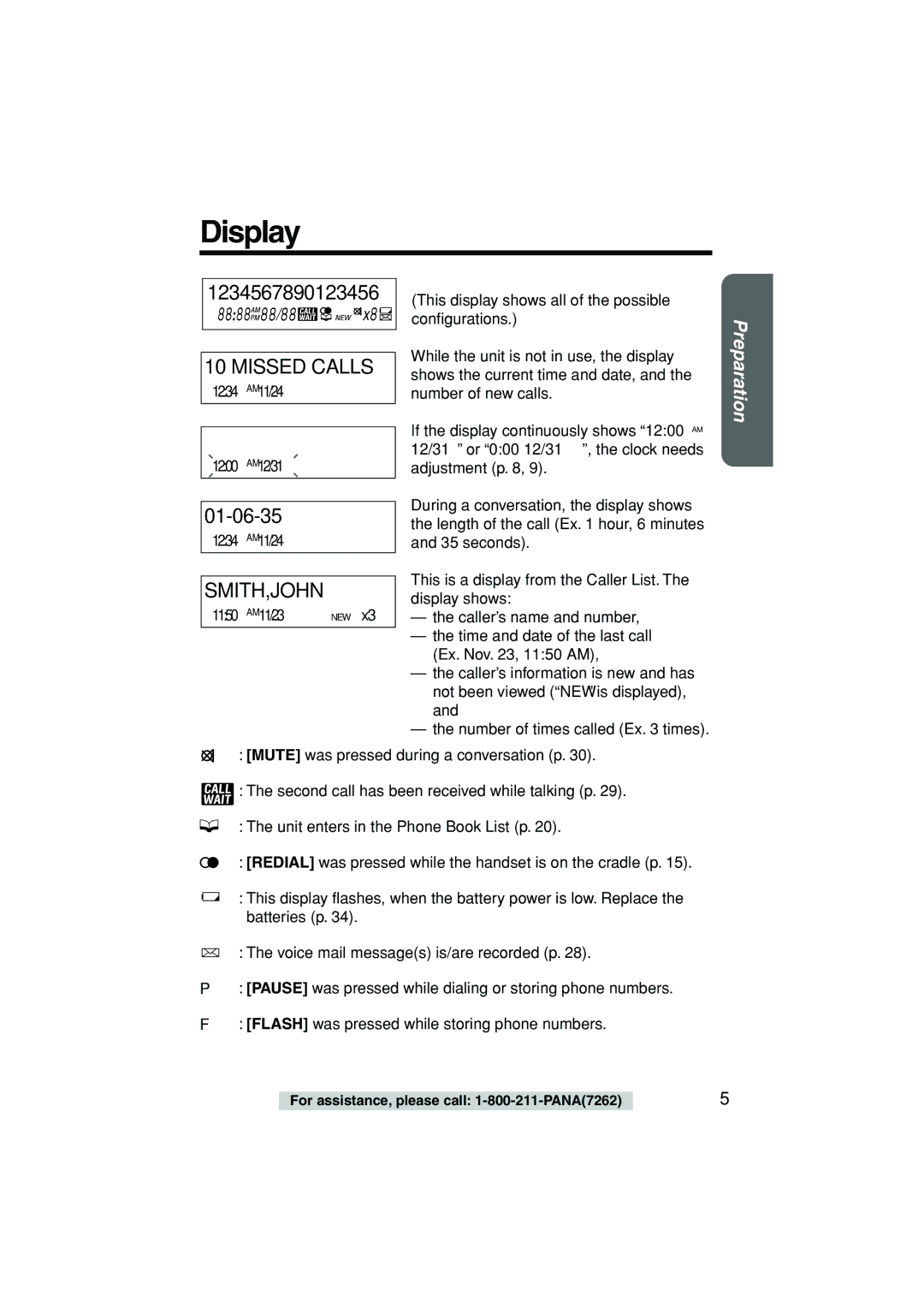 Panasonic KX-TSC11W operating instructions Display, Missed Calls, Smith,John 