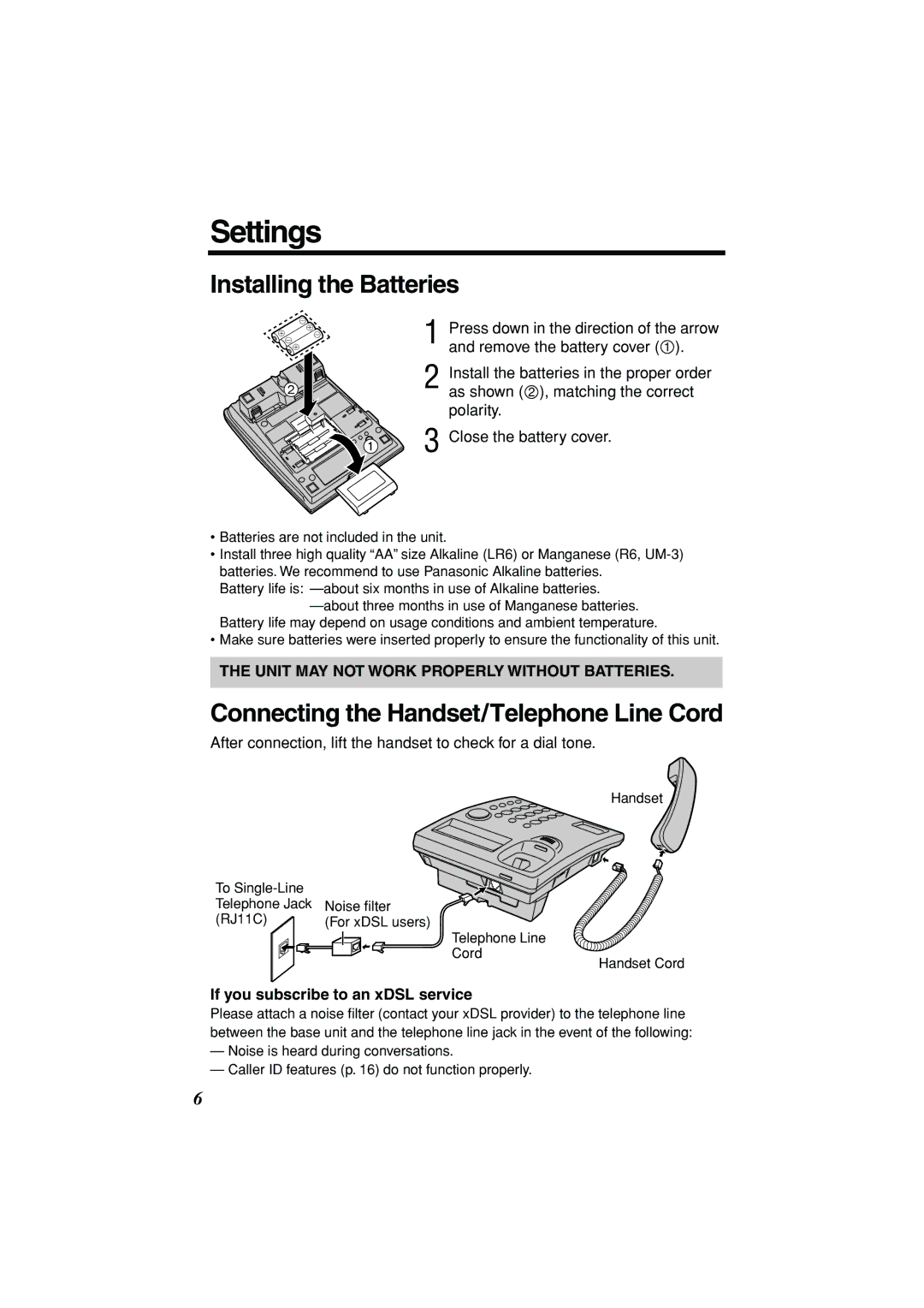 Panasonic KX-TSC11W operating instructions Settings, Installing the Batteries, Connecting the Handset/Telephone Line Cord 