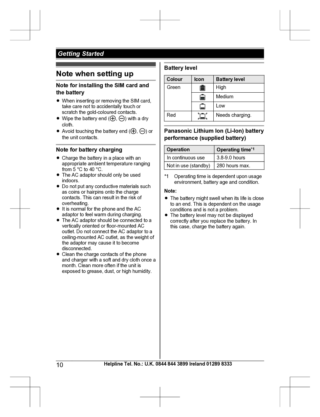 Panasonic KX-TU301 E operating instructions Battery level, Colour, Operation Operating time*1 