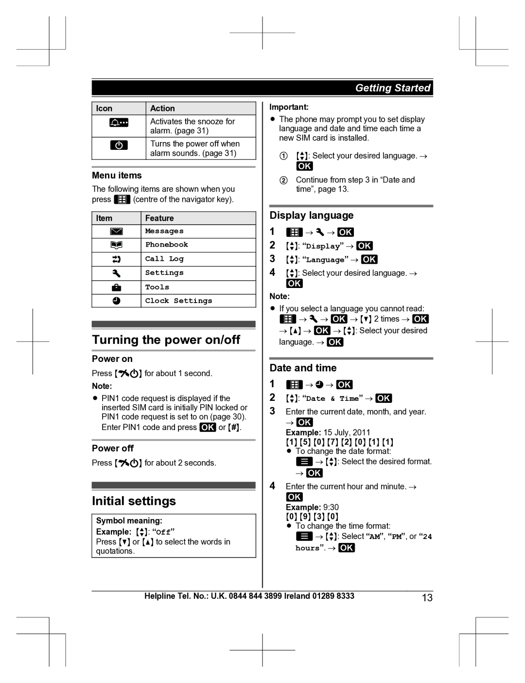 Panasonic KX-TU301 E operating instructions Turning the power on/off, Initial settings, Display language, Date and time 