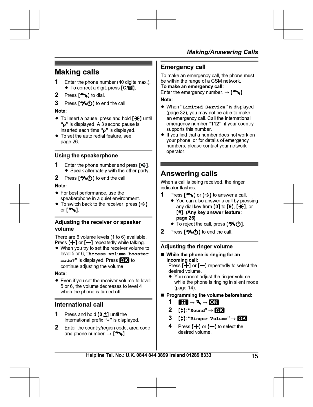 Panasonic KX-TU301 E operating instructions Making calls, Answering calls, International call, Emergency call 