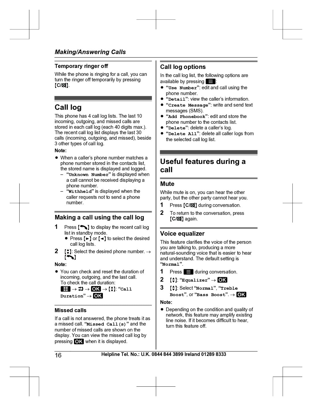 Panasonic KX-TU301 E operating instructions Call log, Useful features during a call 