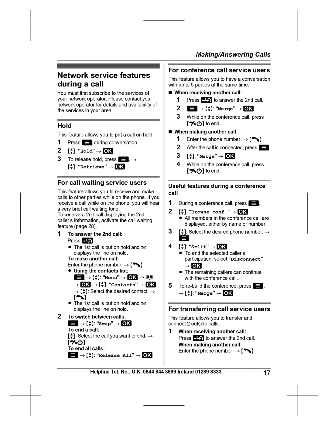 Panasonic KX-TU301 E operating instructions Network service features during a call, Hold, For call waiting service users 