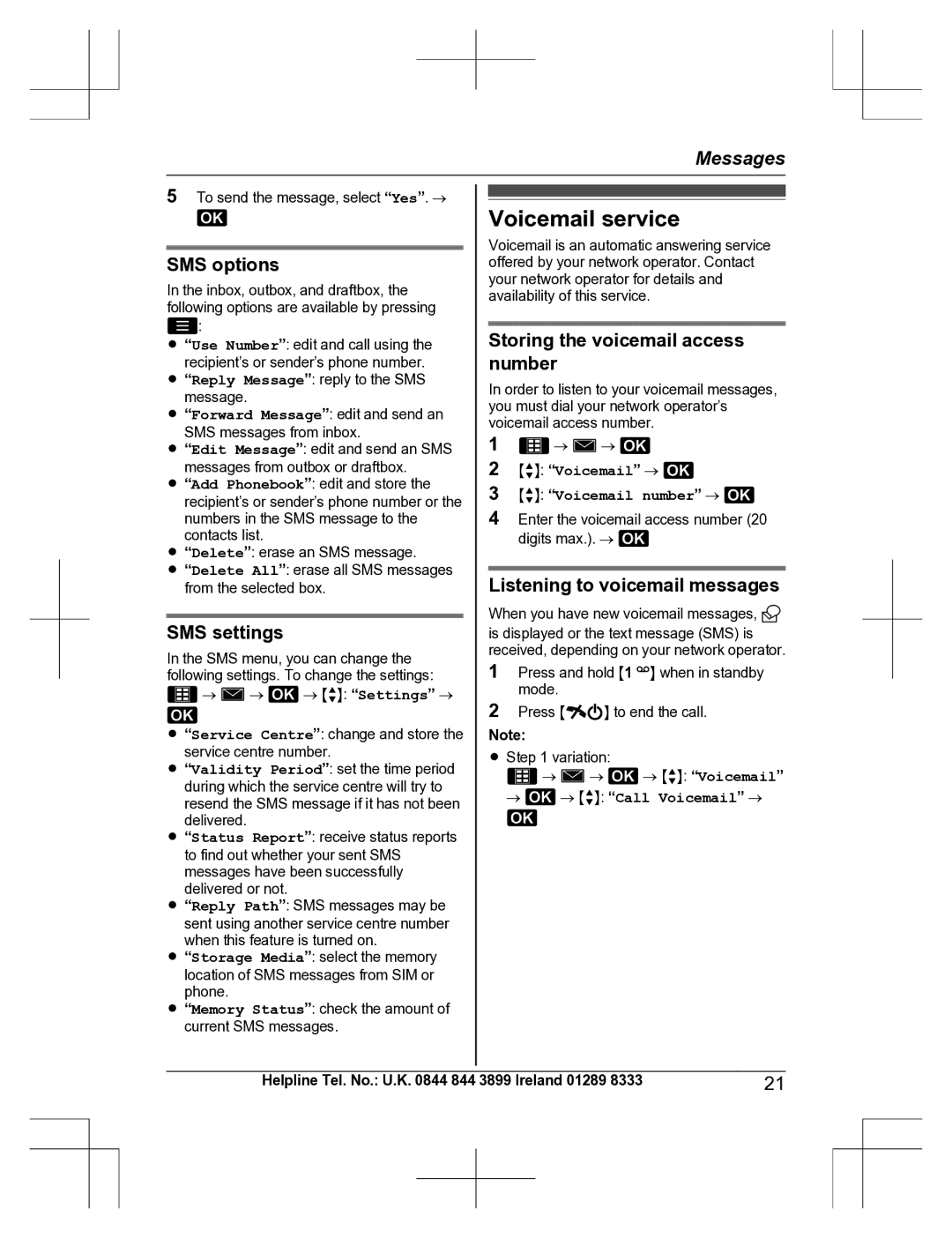 Panasonic KX-TU301 E Voicemail service, SMS options, SMS settings, Storing the voicemail access number 