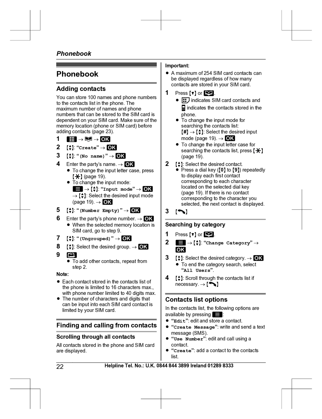 Panasonic KX-TU301 E Phonebook, Adding contacts, Finding and calling from contacts, Contacts list options 