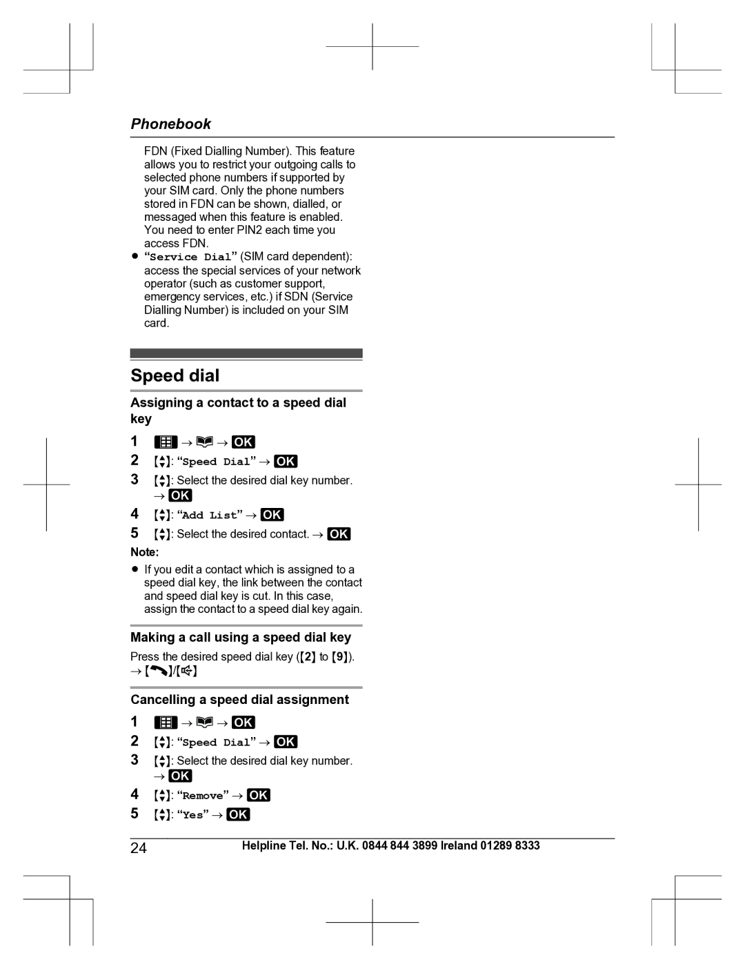 Panasonic KX-TU301 E Speed dial, Assigning a contact to a speed dial key, Making a call using a speed dial key 