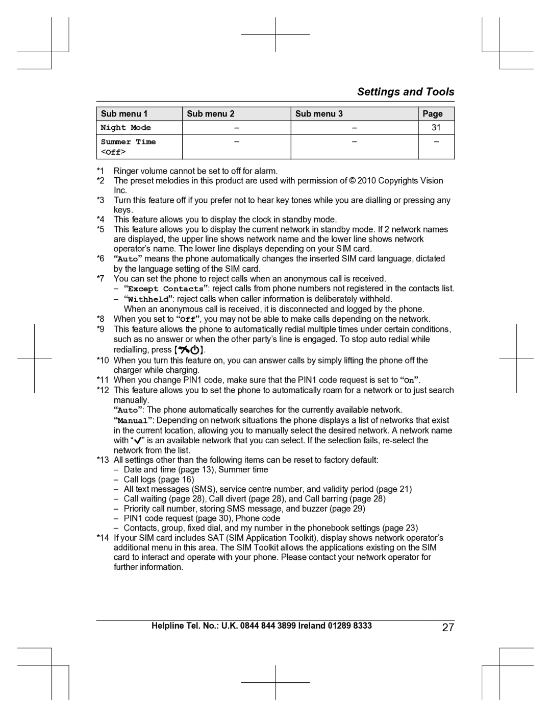 Panasonic KX-TU301 E operating instructions Night Mode Summer Time Off 