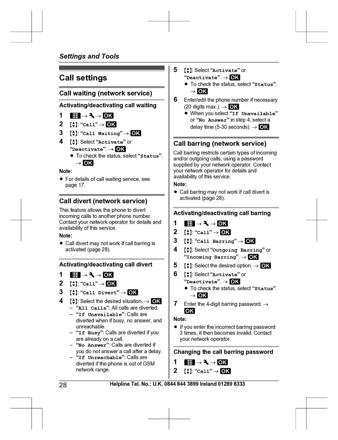 Panasonic KX-TU301 E operating instructions Call settings, Call waiting network service, Call divert network service 