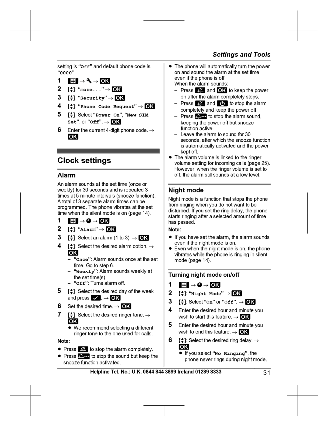 Panasonic KX-TU301 E operating instructions Clock settings, Alarm, Night mode, Turning night mode on/off 