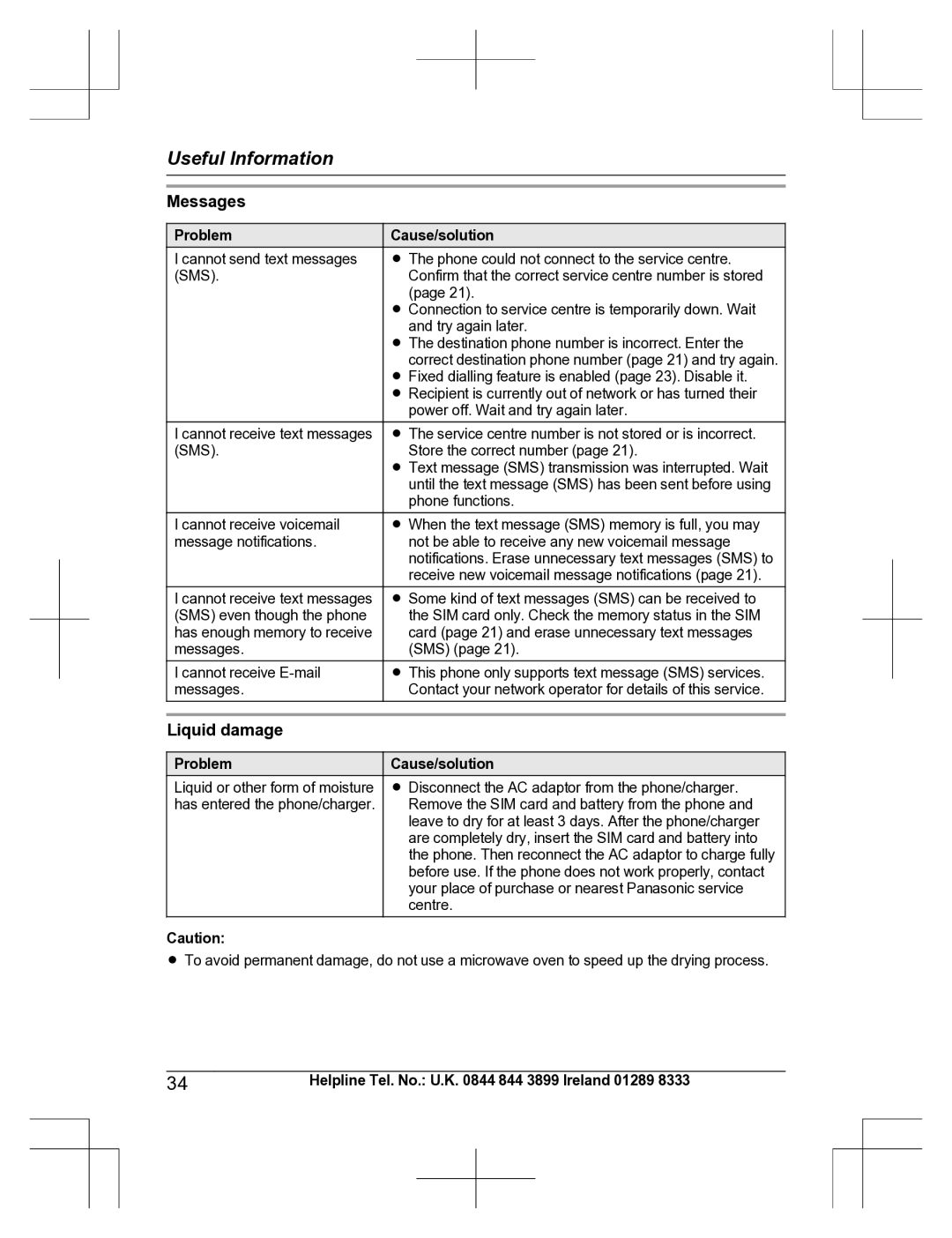 Panasonic KX-TU301 E operating instructions Messages, Liquid damage 