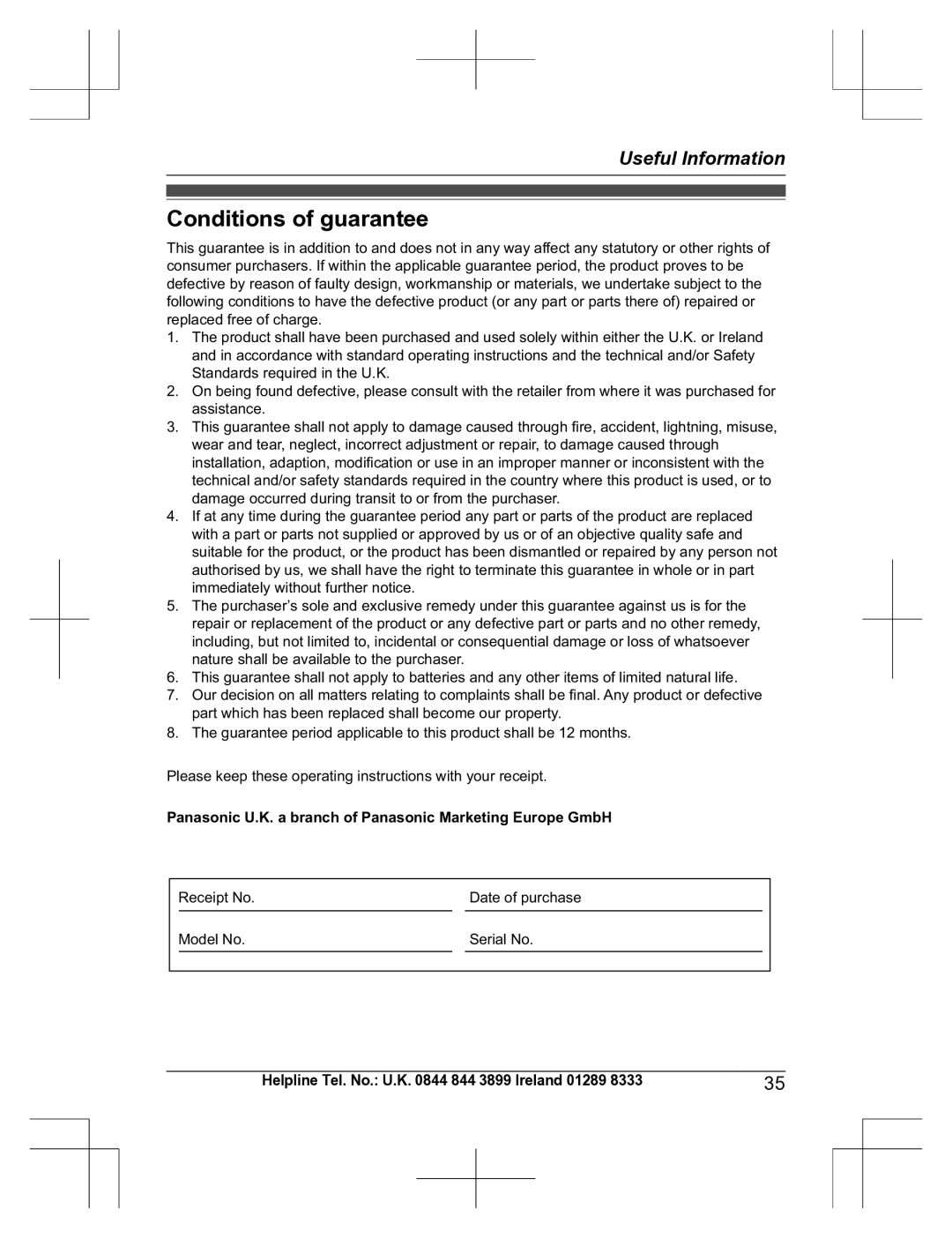 Panasonic KX-TU301 E Conditions of guarantee, Panasonic U.K. a branch of Panasonic Marketing Europe GmbH 