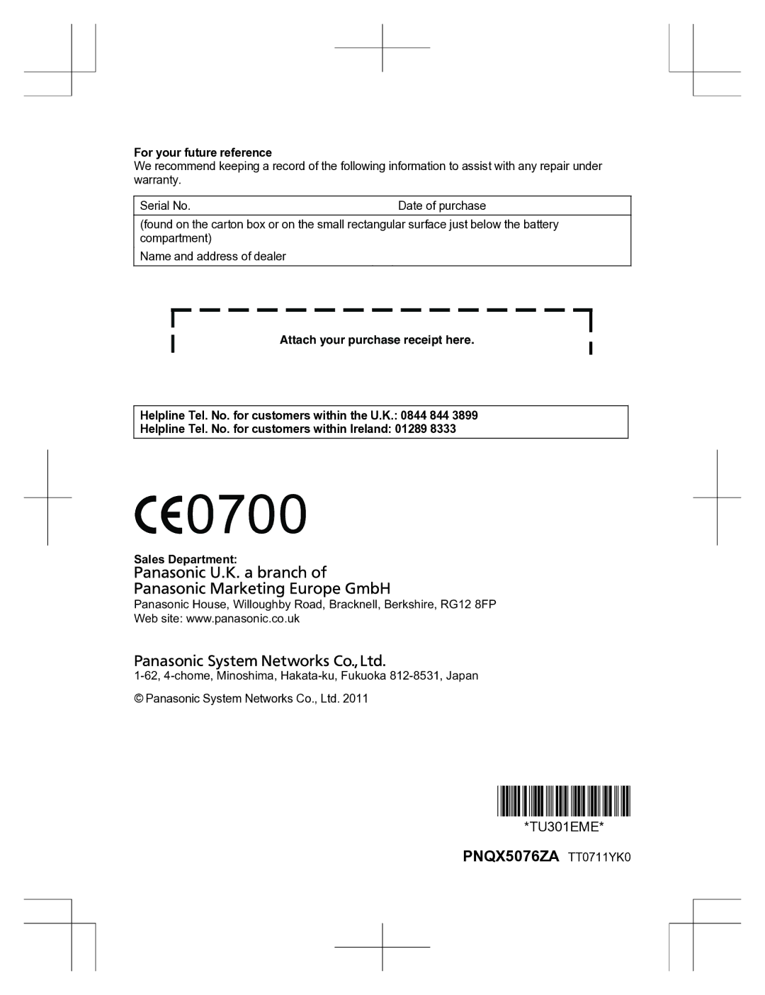 Panasonic KX-TU301 E operating instructions PNQX5076ZA TT0711YK0, For your future reference 