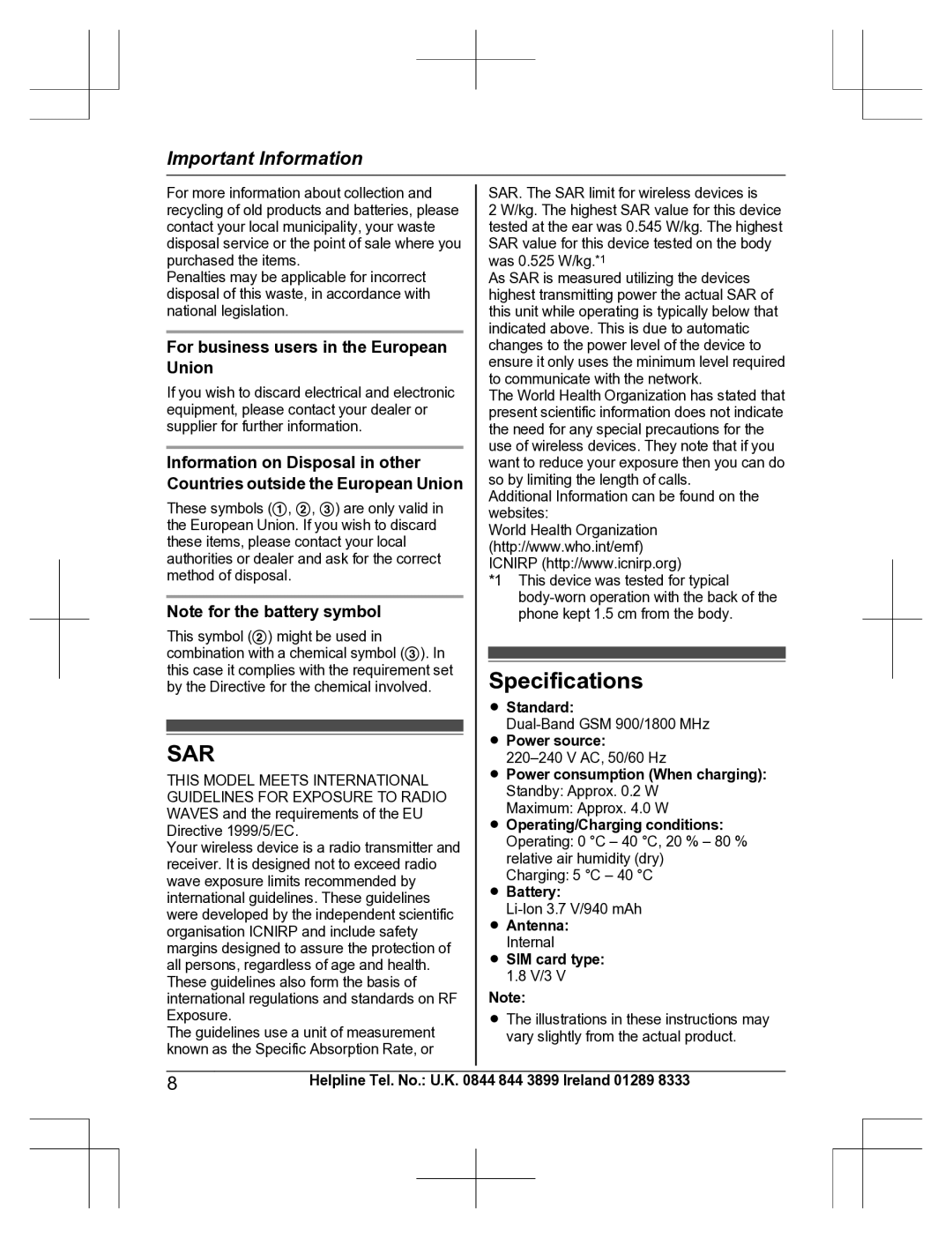 Panasonic KX-TU301 E operating instructions Specifications, For business users in the European Union, Standard, Battery 