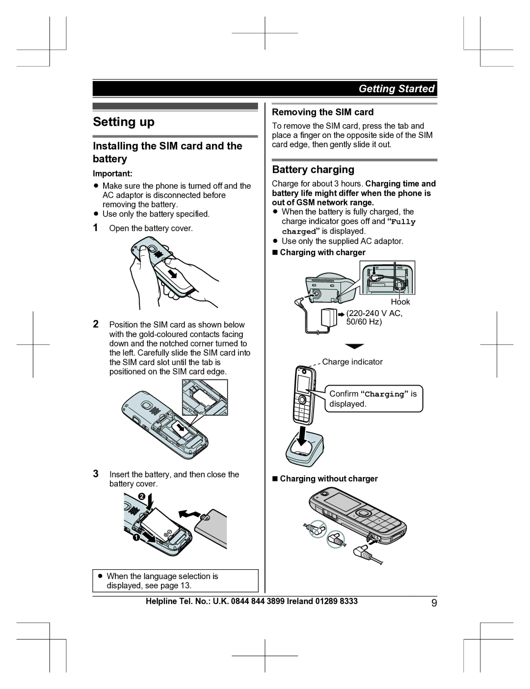 Panasonic KX-TU301 E Setting up, Installing the SIM card and the battery, Battery charging, Removing the SIM card 