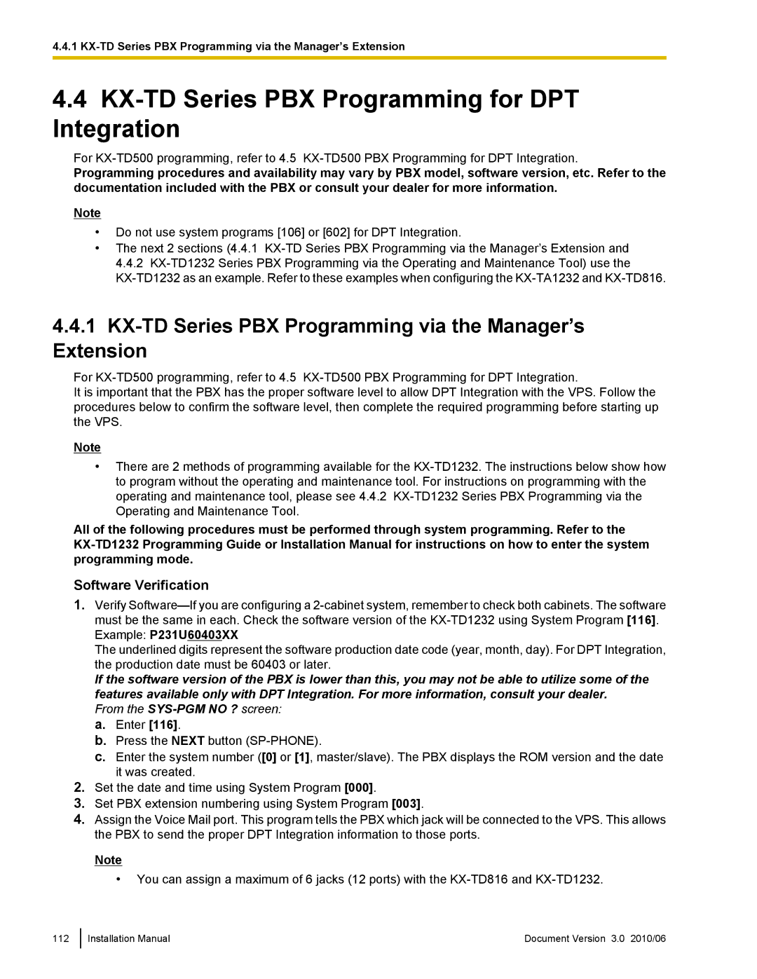 Panasonic KX-TVA50 installation manual KX-TD Series PBX Programming for DPT Integration, Software Verification 