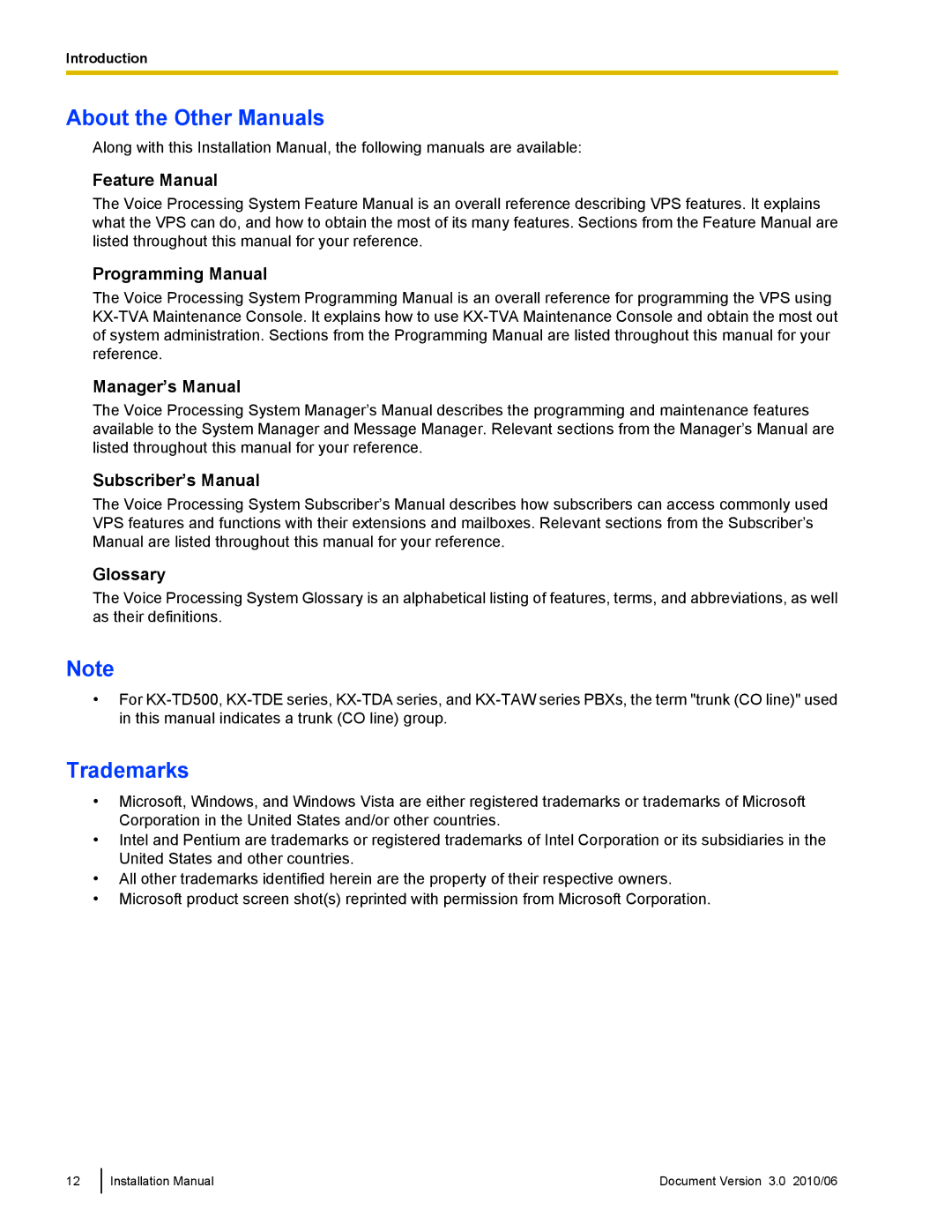 Panasonic KX-TVA50 installation manual About the Other Manuals, Trademarks 