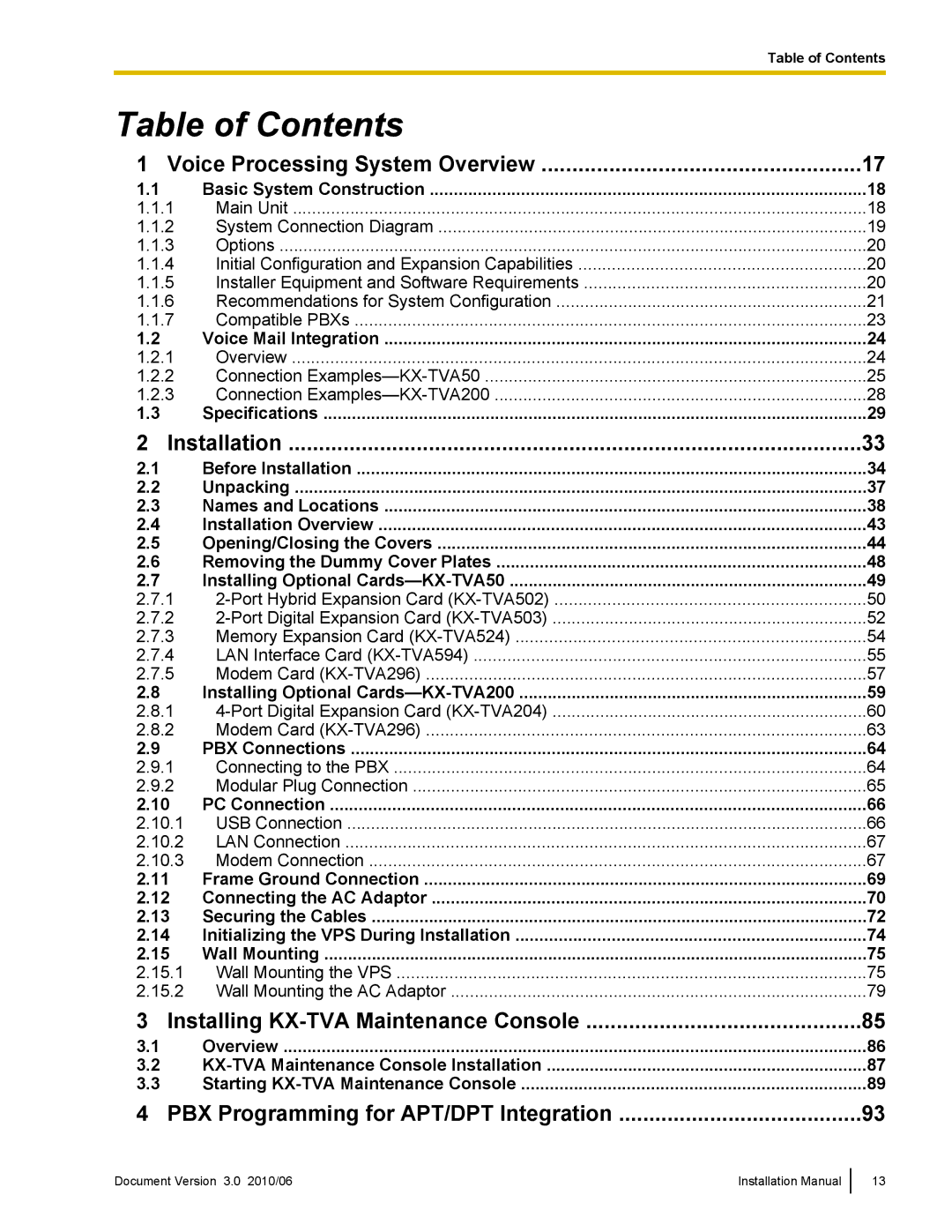 Panasonic KX-TVA50 installation manual Table of Contents 