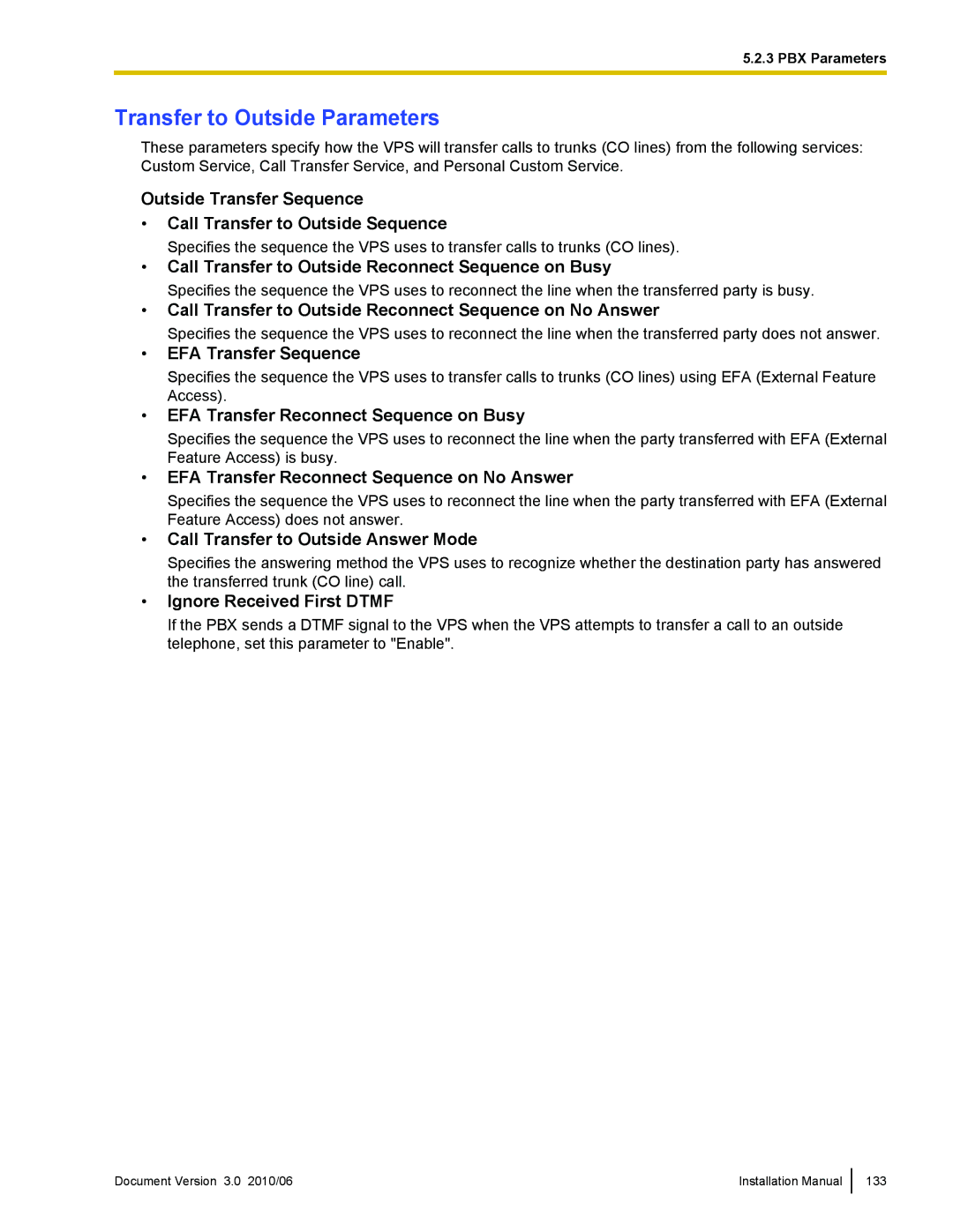 Panasonic KX-TVA50 installation manual Transfer to Outside Parameters 