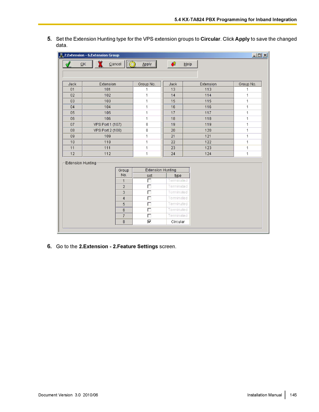 Panasonic KX-TVA50 installation manual Go to the 2.Extension 2.Feature Settings screen 