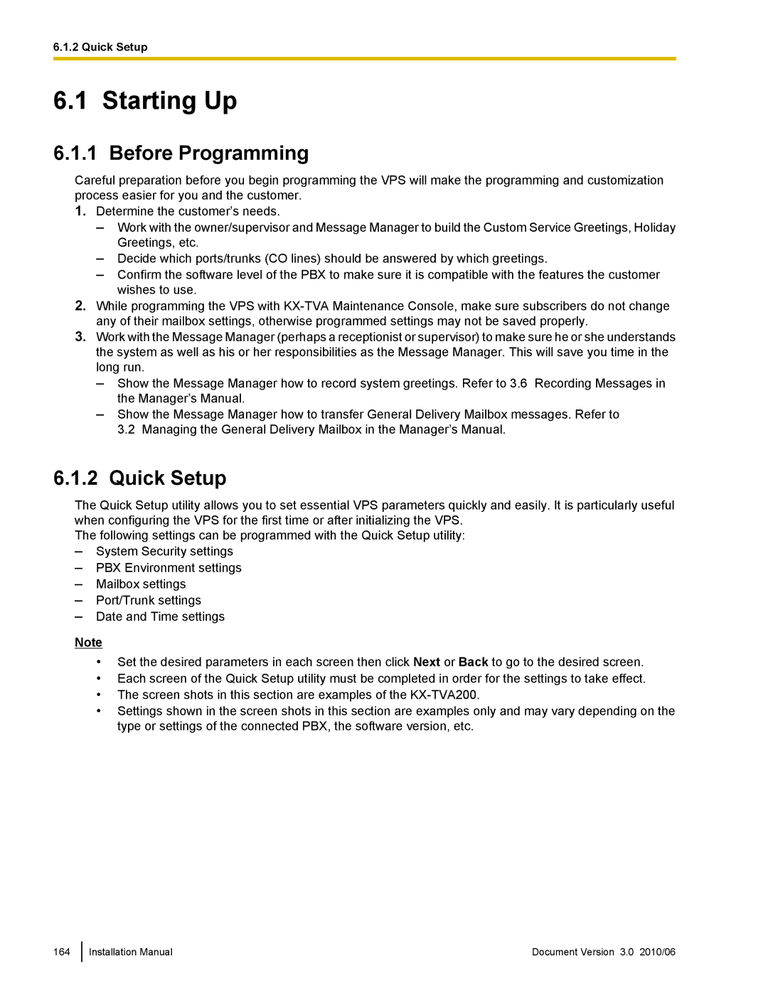 Panasonic KX-TVA50 installation manual Starting Up, Before Programming, Quick Setup 