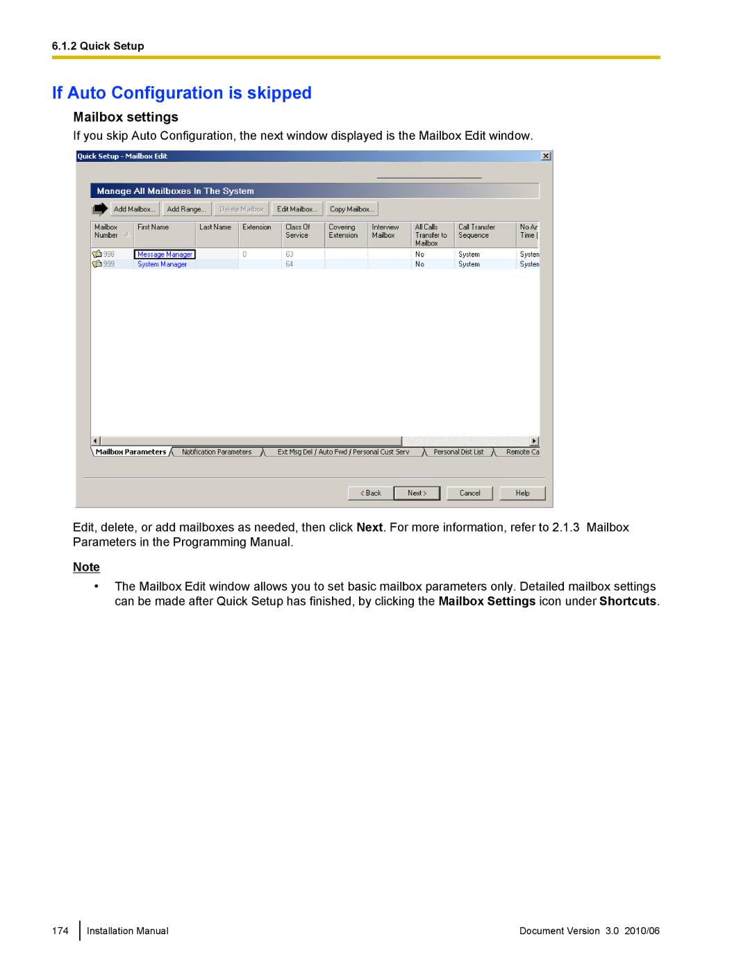 Panasonic KX-TVA50 installation manual If Auto Configuration is skipped, Mailbox settings 