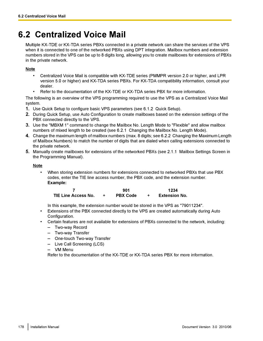 Panasonic KX-TVA50 installation manual Centralized Voice Mail, Example 901 1234 TIE Line Access No PBX Code Extension No 