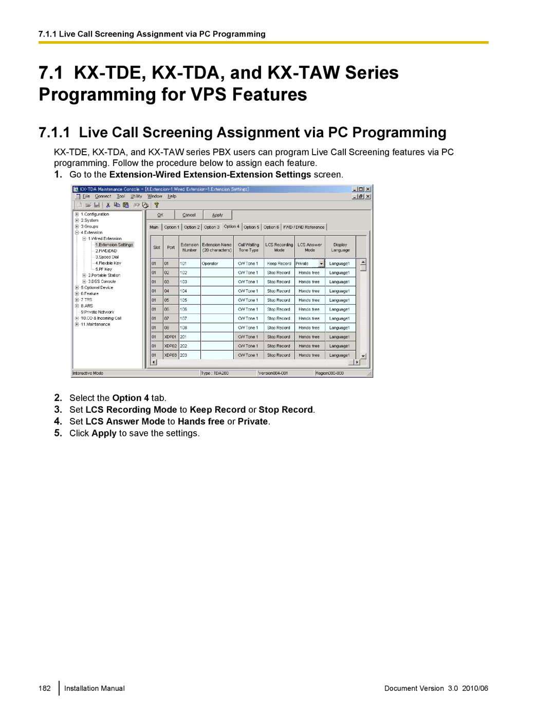 Panasonic KX-TVA50 installation manual Live Call Screening Assignment via PC Programming 