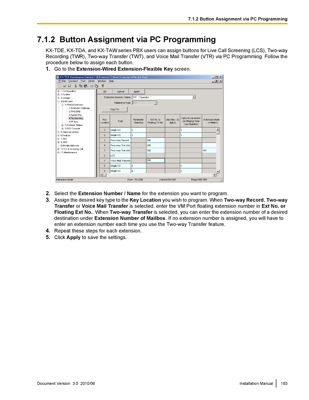 Panasonic KX-TVA50 Button Assignment via PC Programming, Go to the Extension-Wired Extension-Flexible Key screen 