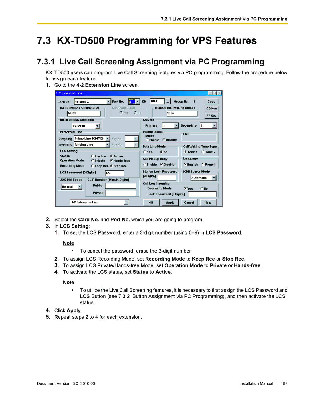 Panasonic KX-TVA50 KX-TD500 Programming for VPS Features, Go to the 4-2 Extension Line screen, LCS Setting 