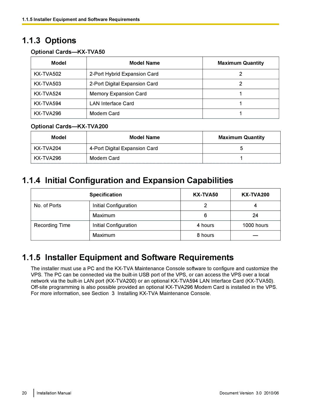 Panasonic Options, Initial Configuration and Expansion Capabilities, Optional Cards-KX-TVA50, Optional Cards-KX-TVA200 