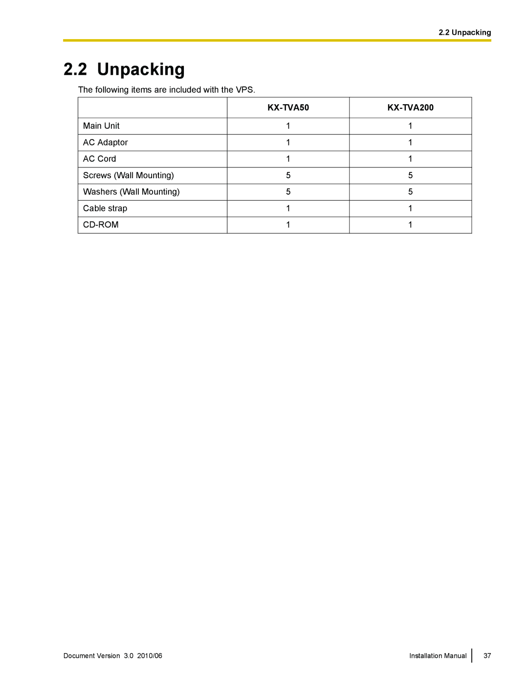 Panasonic KX-TVA50 installation manual Unpacking 