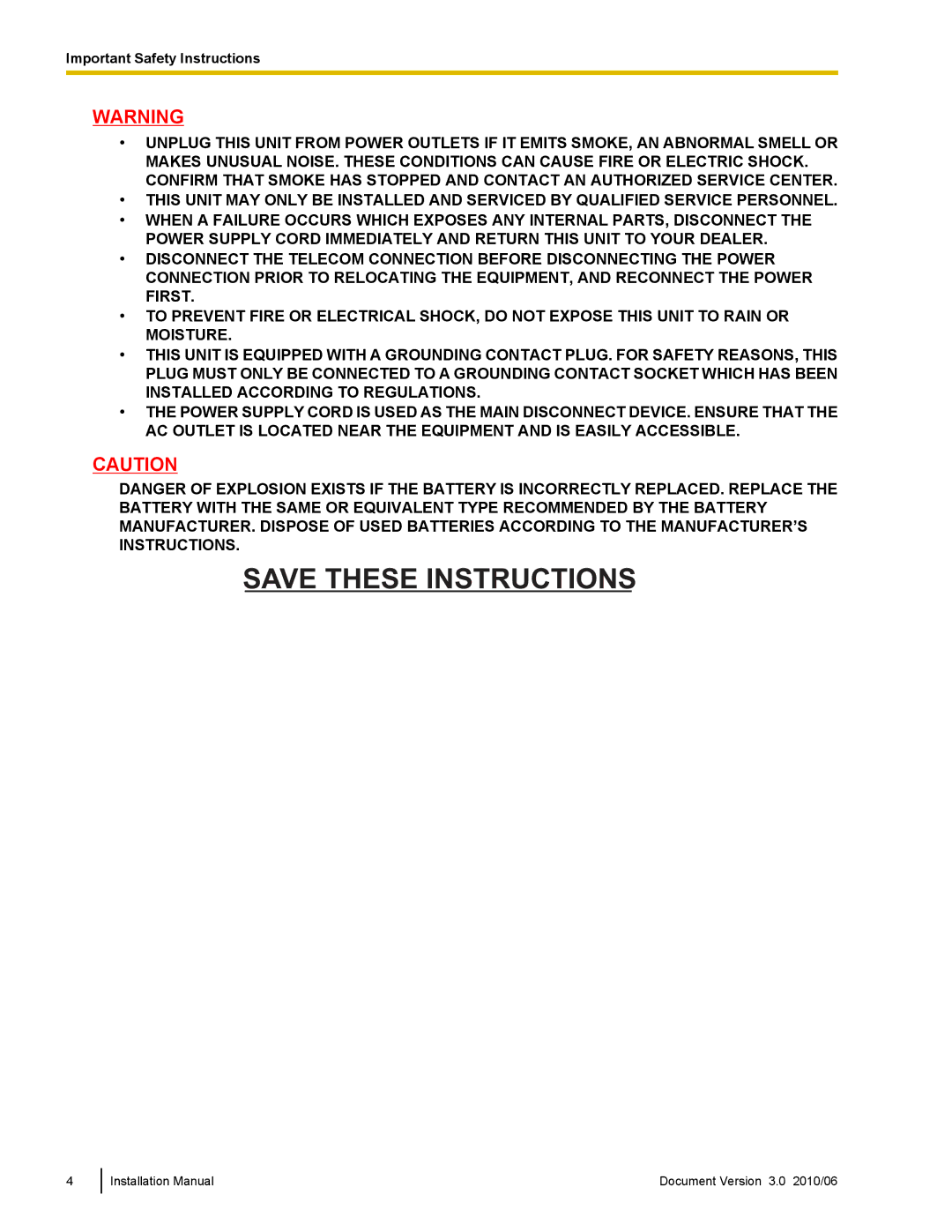 Panasonic KX-TVA50 installation manual Important Safety Instructions 