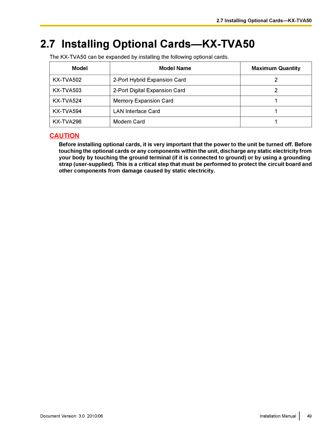 Panasonic installation manual Installing Optional Cards-KX-TVA50, Model 