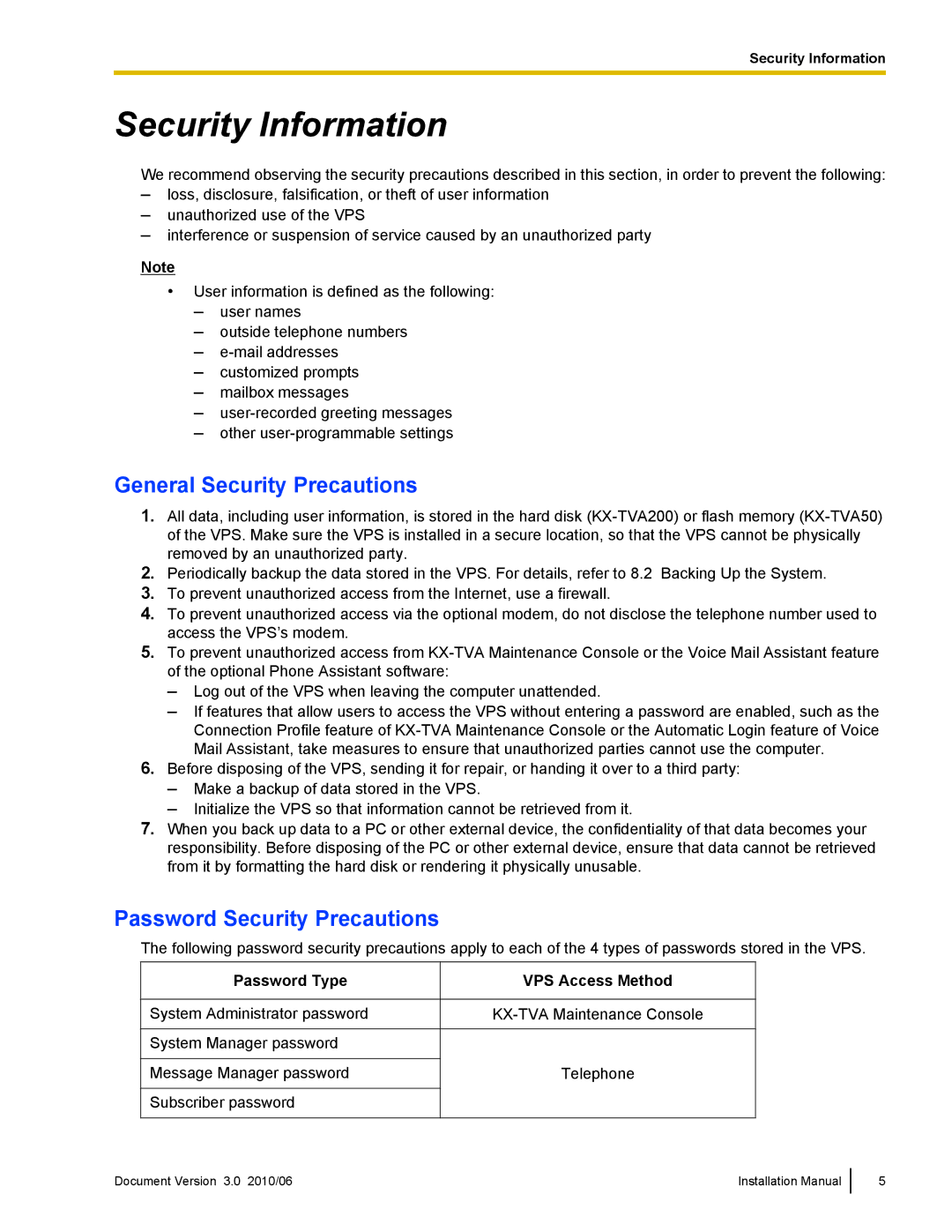 Panasonic KX-TVA50 Security Information, General Security Precautions, Password Security Precautions, Password Type 