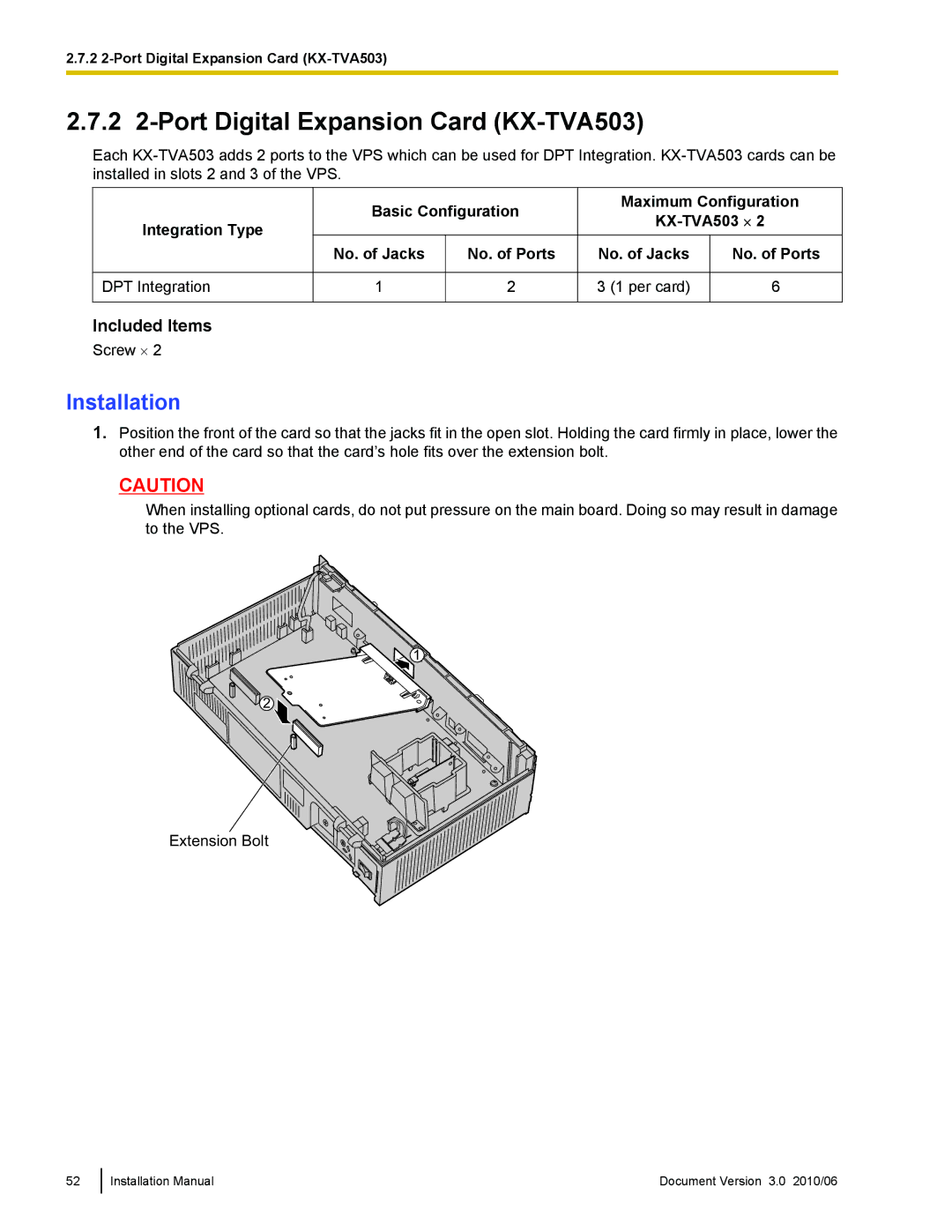 Panasonic installation manual 2 2-Port Digital Expansion Card KX-TVA503 