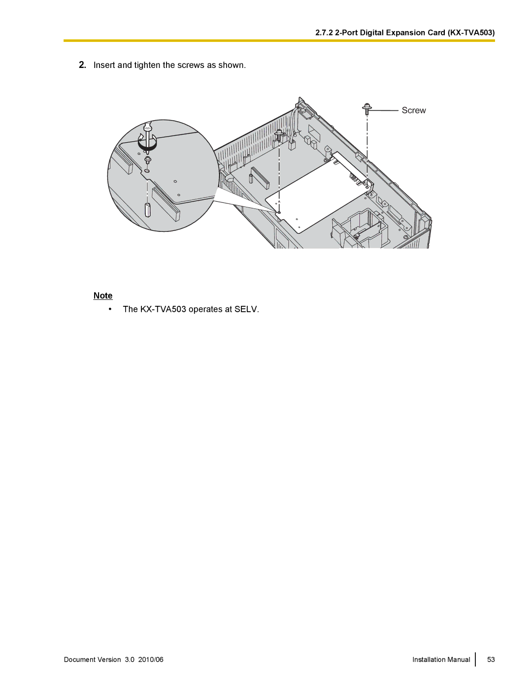 Panasonic installation manual 2 2-Port Digital Expansion Card KX-TVA503 