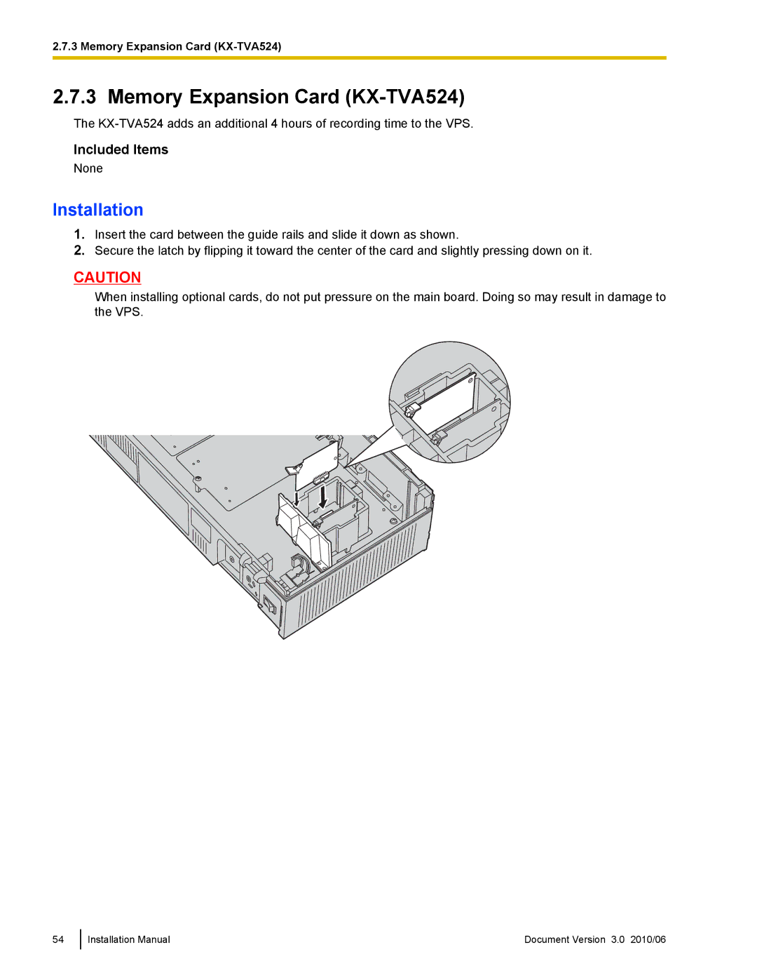 Panasonic KX-TVA50 installation manual Memory Expansion Card KX-TVA524 