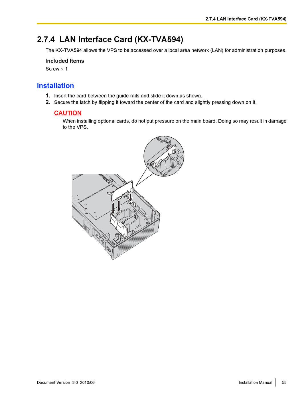 Panasonic KX-TVA50 installation manual LAN Interface Card KX-TVA594 