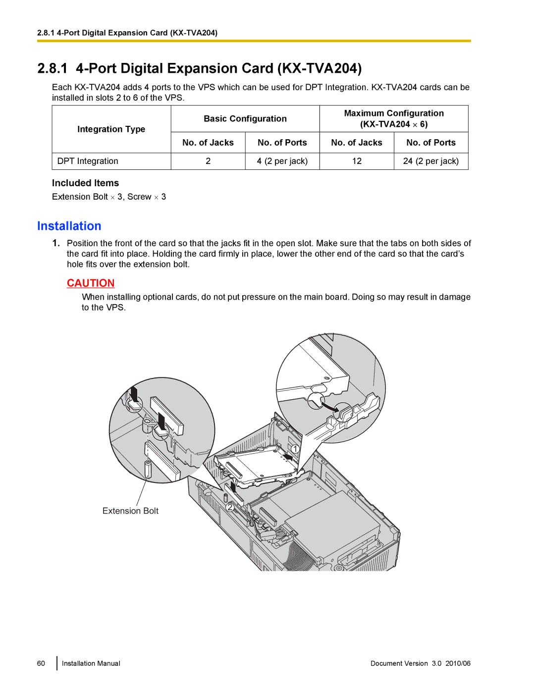 Panasonic KX-TVA50 installation manual 1 4-Port Digital Expansion Card KX-TVA204, Included Items 