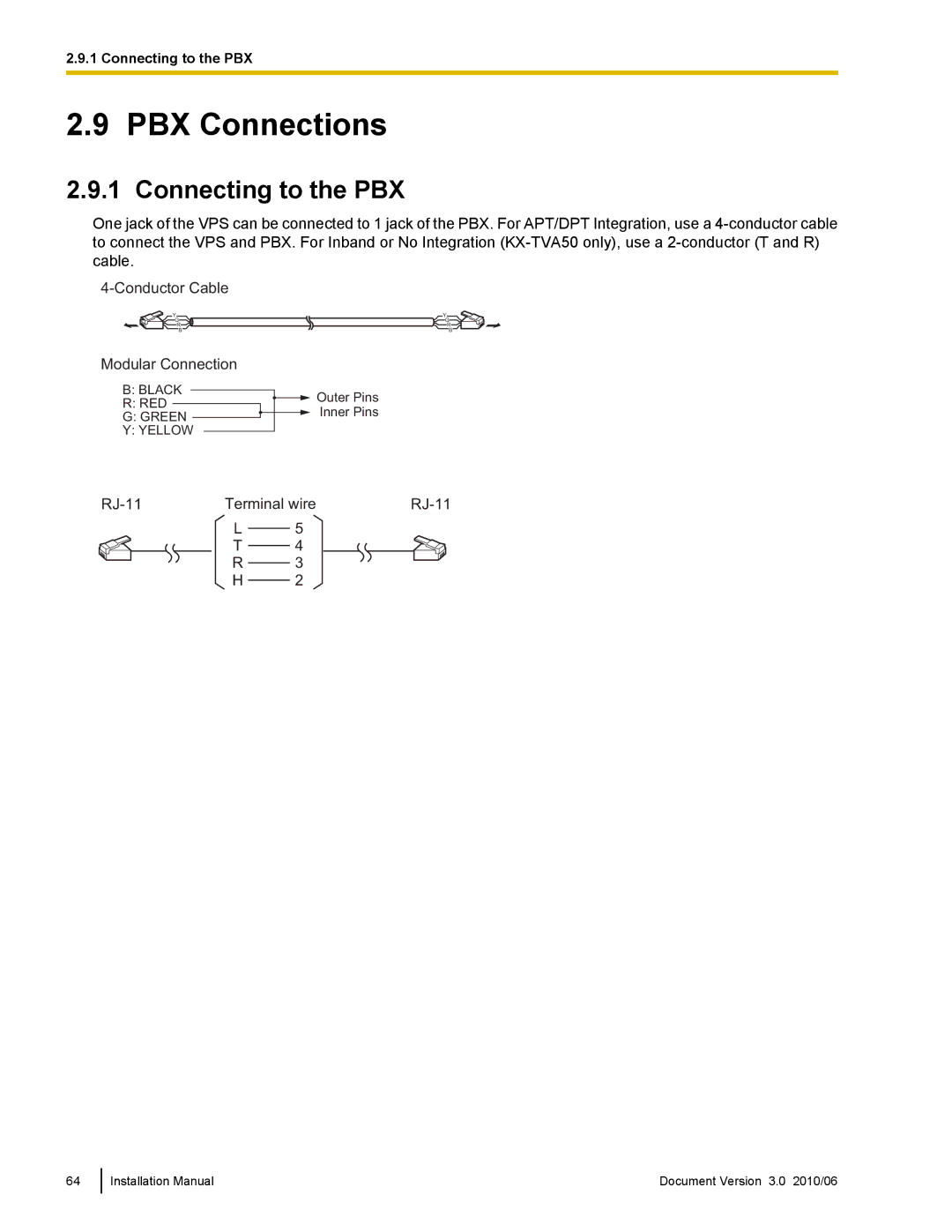 Panasonic KX-TVA50 installation manual PBX Connections, Connecting to the PBX 