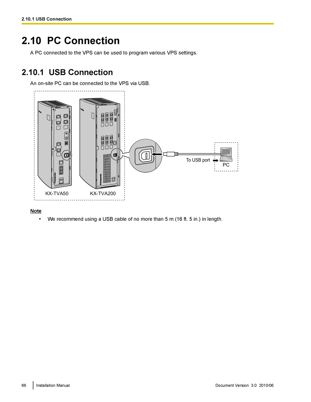 Panasonic KX-TVA50 installation manual PC Connection, USB Connection 