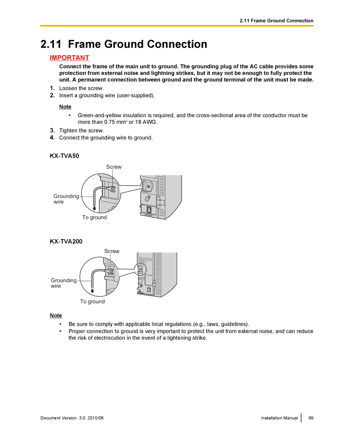 Panasonic KX-TVA50 installation manual Frame Ground Connection 