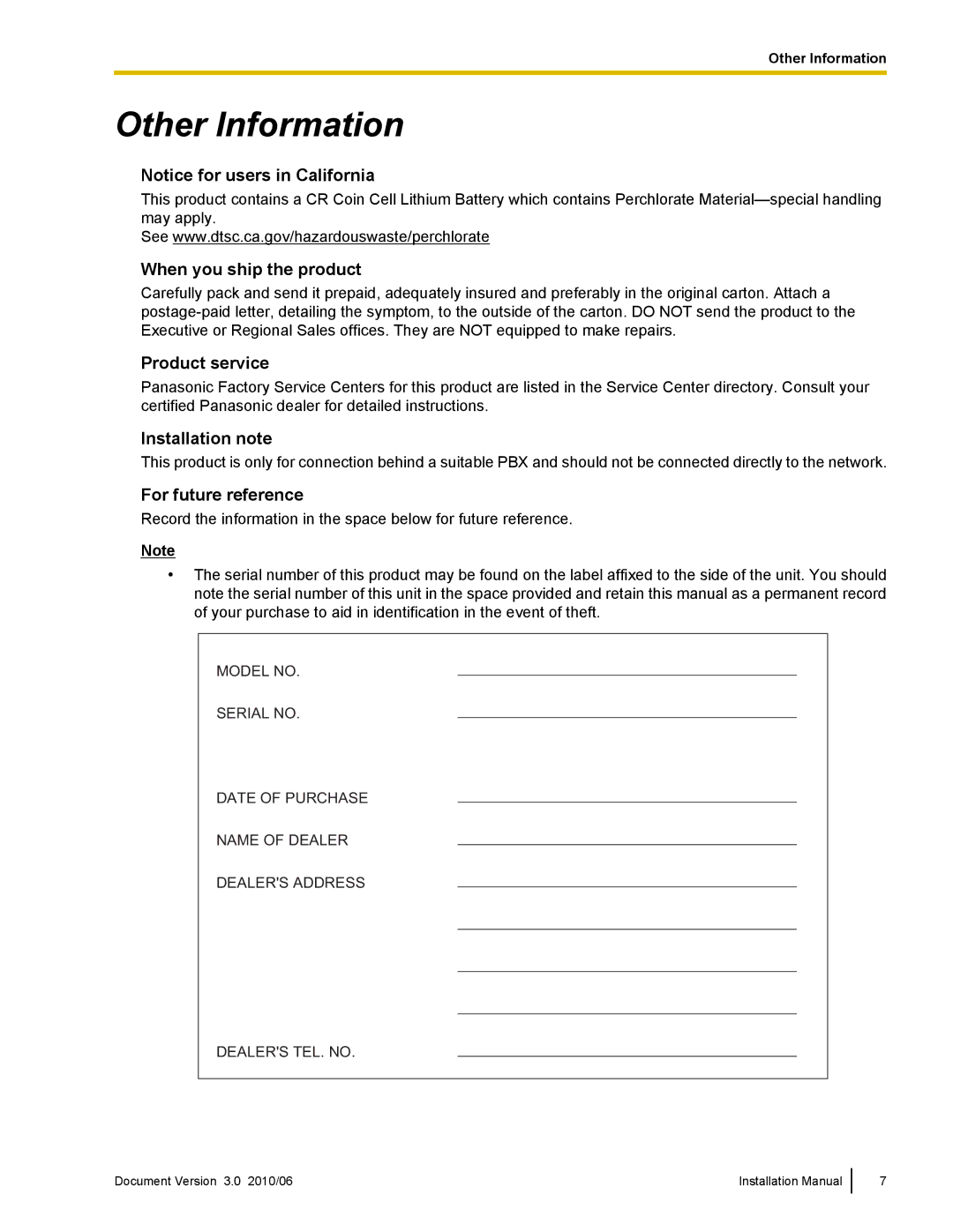 Panasonic KX-TVA50 Other Information, When you ship the product, Product service, Installation note, For future reference 